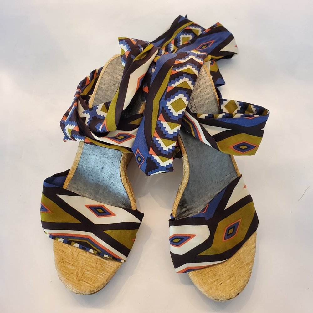 Pazzo wedge sandals silk multi color leg wrap 6.5